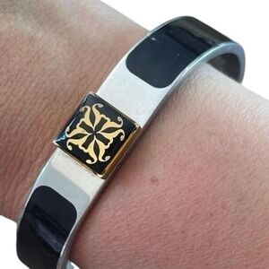 Rustic Cuff Bangle Black Silver Gold Filigree Enamel Hinged Bracelet